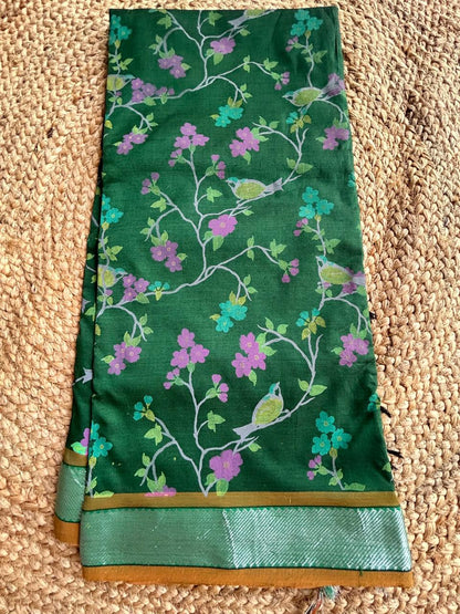 Cotton kalamkari print bottle green saree
