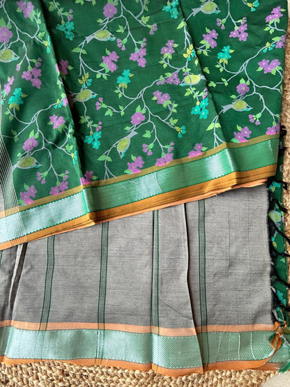 Cotton kalamkari print bottle green saree