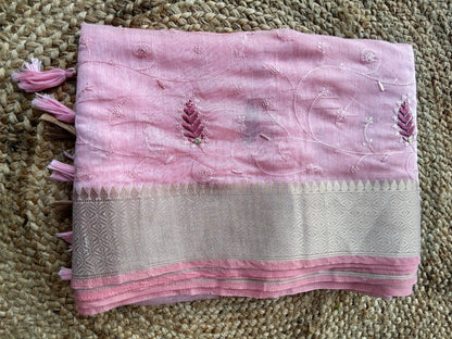 Cotton mix thread embroidered peach saree