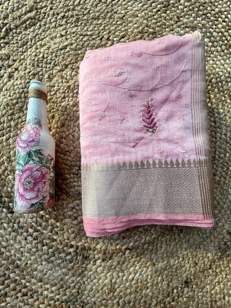 Cotton mix thread embroidered peach saree