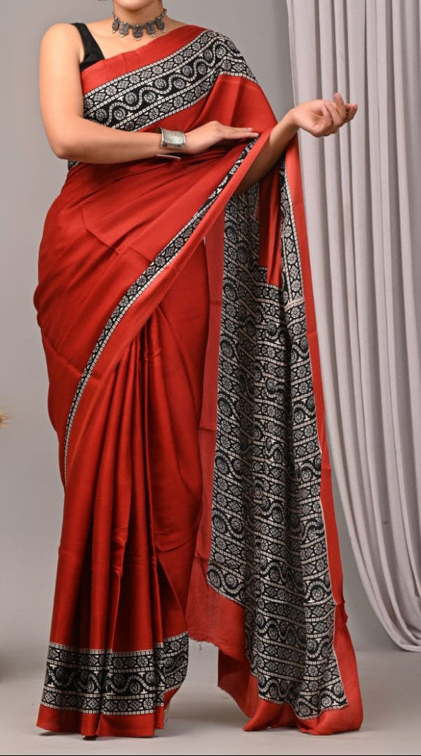 Pure Modal Silk Ajrekh Hand Block Print Red Saree