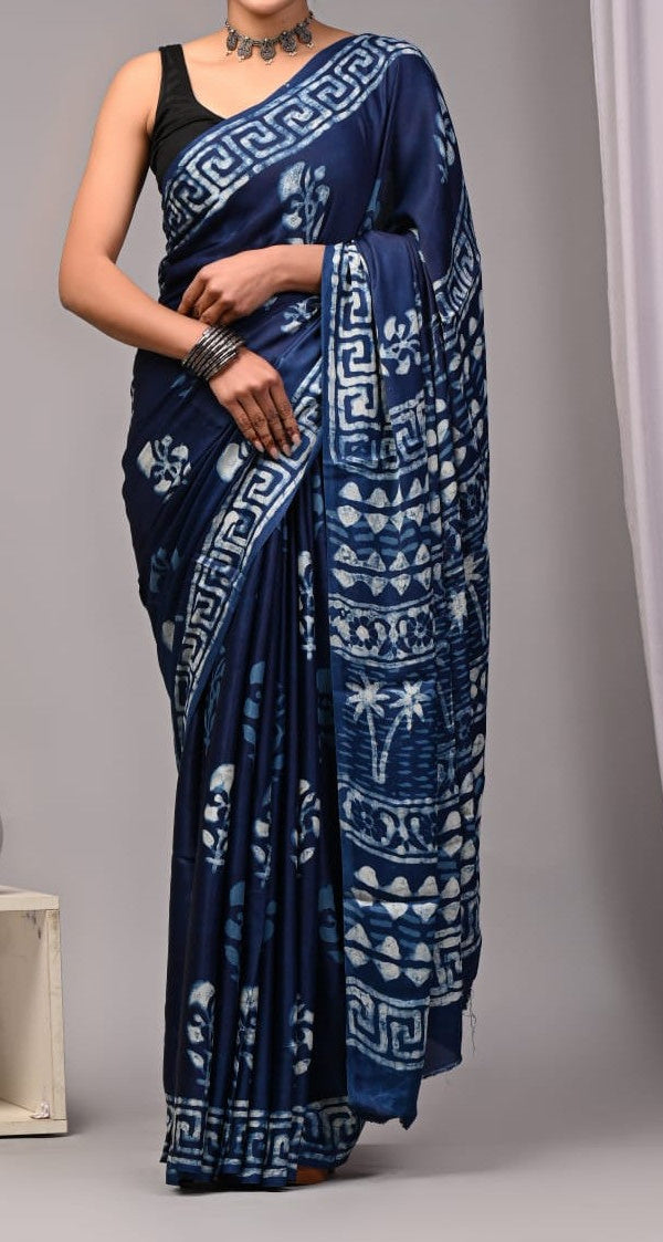Pure Modal Silk Ajrekh Hand Block Print Blue Saree