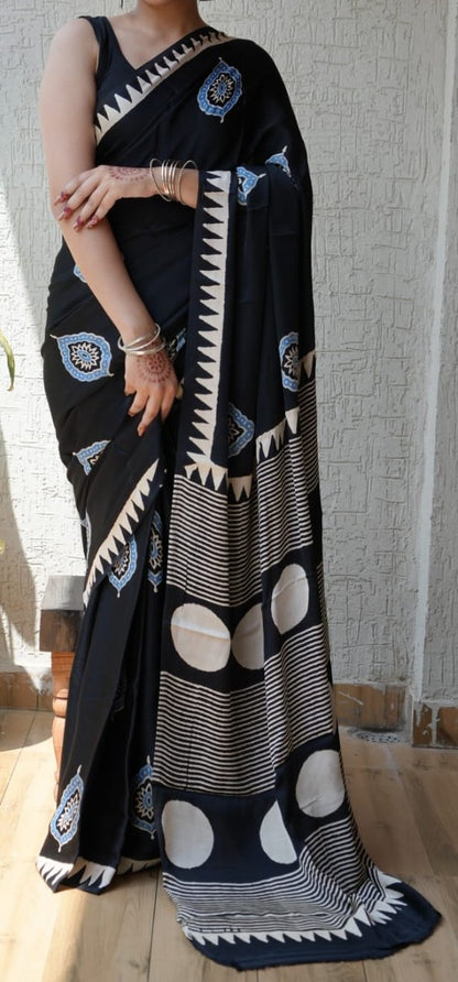 Pure Modal Silk Ajrekh Hand Block Print Black Saree