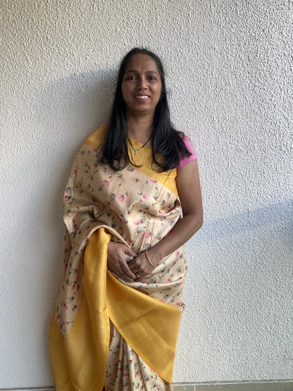 Semi Silk Floral Print Beige Saree