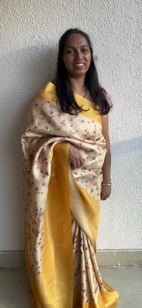 Semi Silk Floral Print Beige Saree