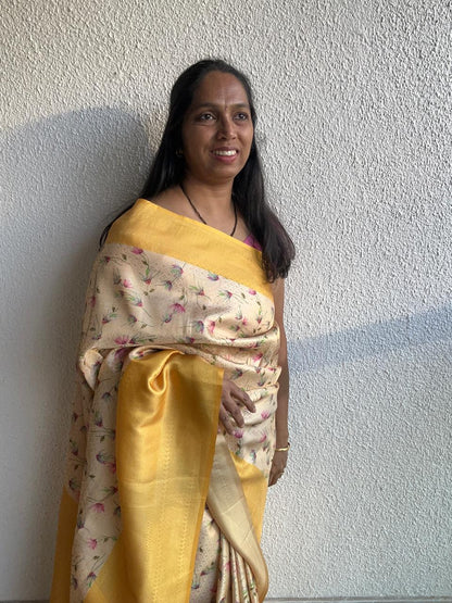 Semi Silk Floral Print Beige Saree