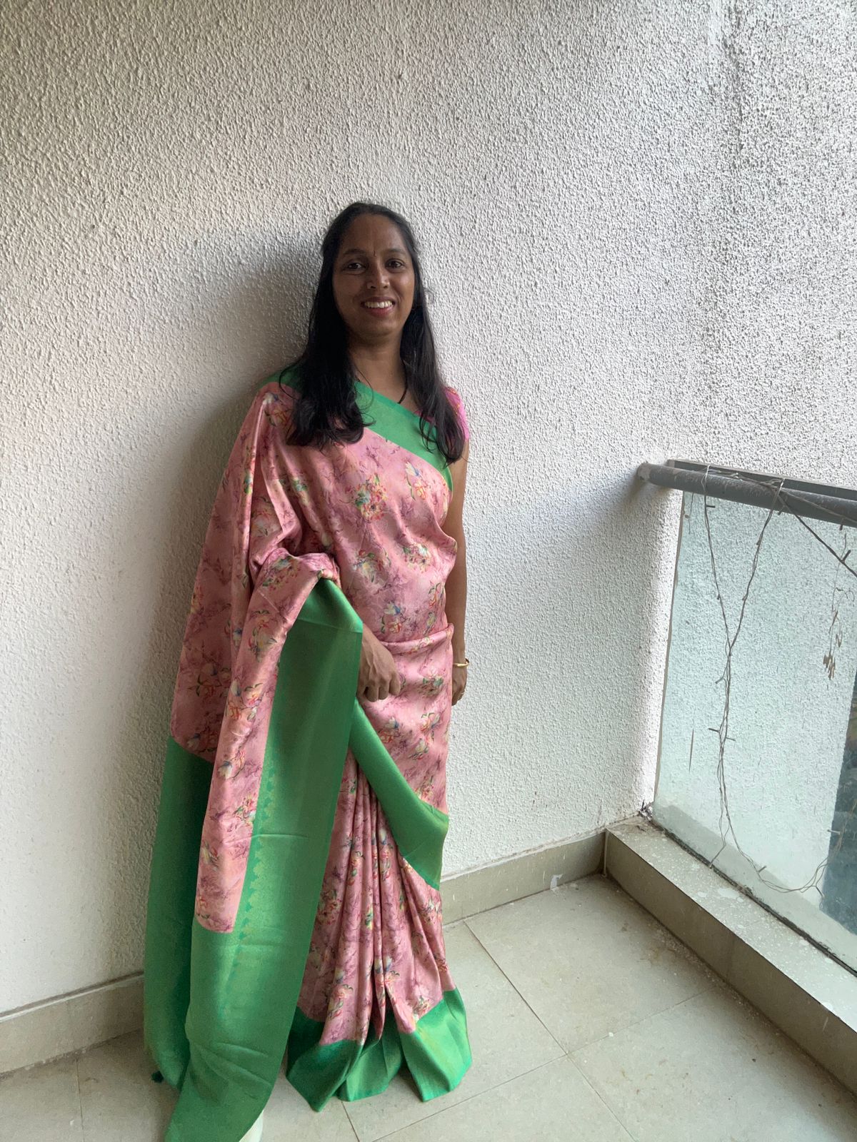 Semi Silk Floral Print Pink Saree