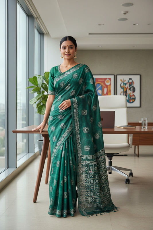 Bagalpuri Silk With Boutique Print  Bottle Green Saree