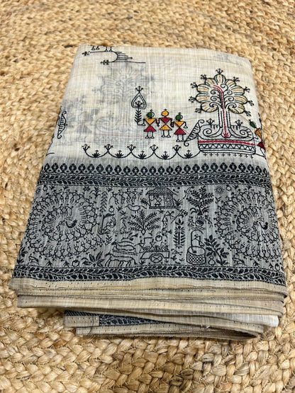 Warli Embroidery Mul Cotton Mix Saree - Pattern 2
