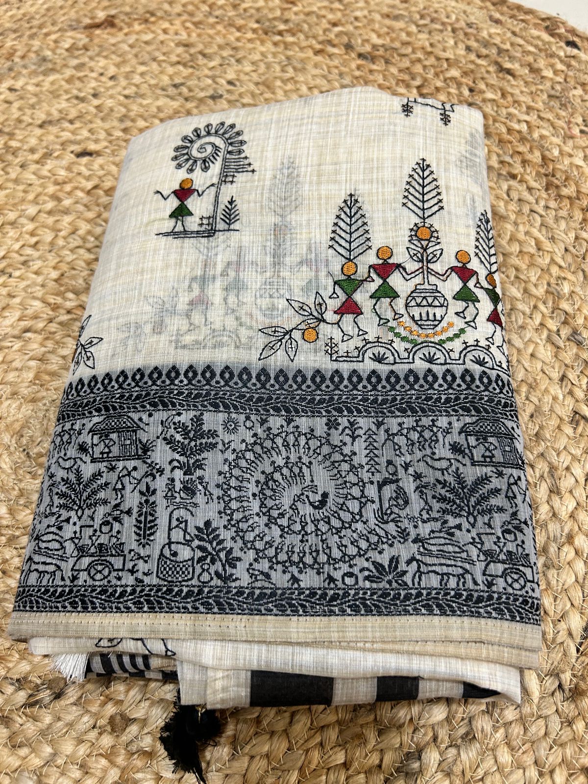 Warli Embroidery Mul Cotton Mix Saree - Pattern 6