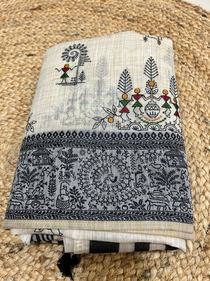 Warli Embroidery Mul Cotton Mix Saree - Pattern 6