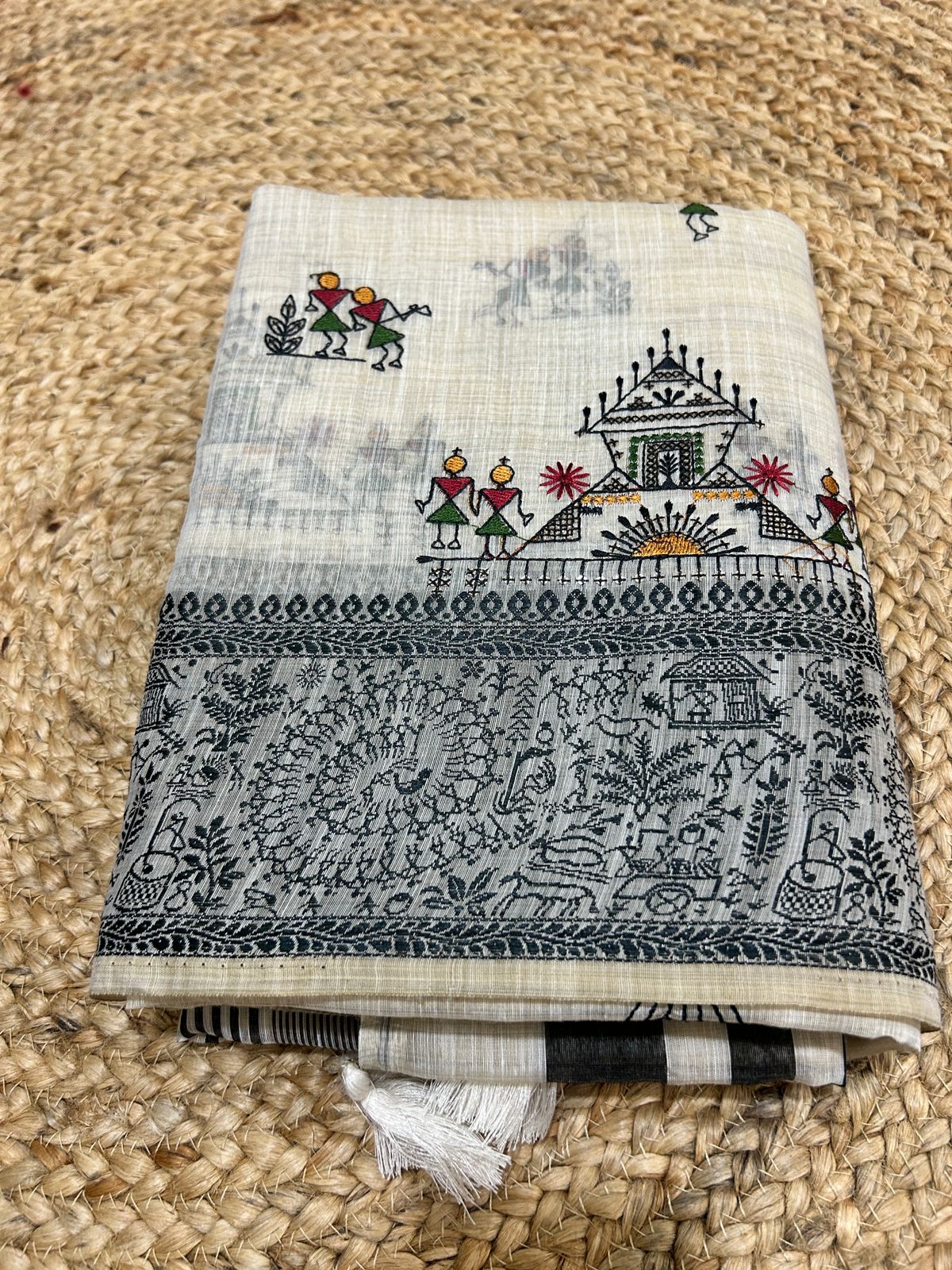 Warli Embroidery Mul Cotton Mix Saree - Pattern 5