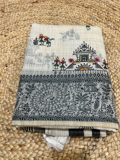 Warli Embroidery Mul Cotton Mix Saree - Pattern 5