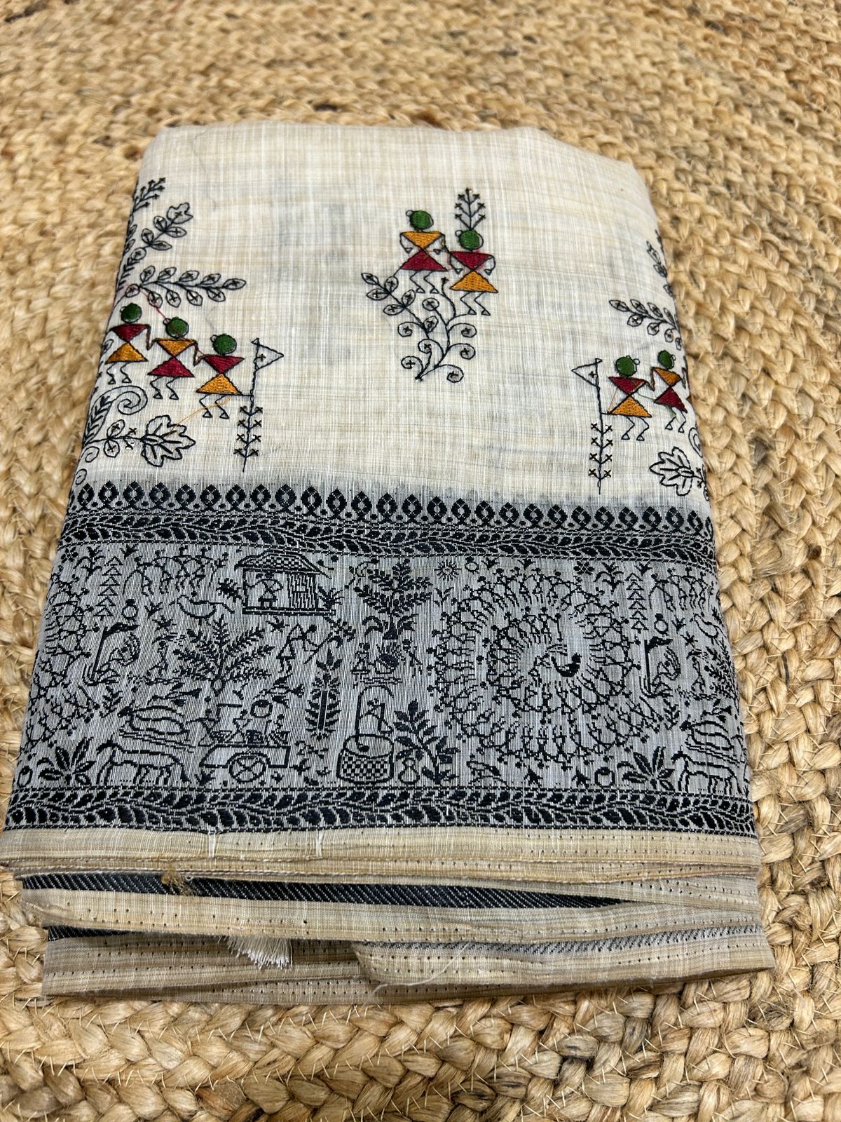 Warli Embroidery Mul Cotton Mix Saree - Pattern 4
