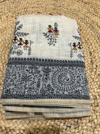 Warli Embroidery Mul Cotton Mix Saree - Pattern 4