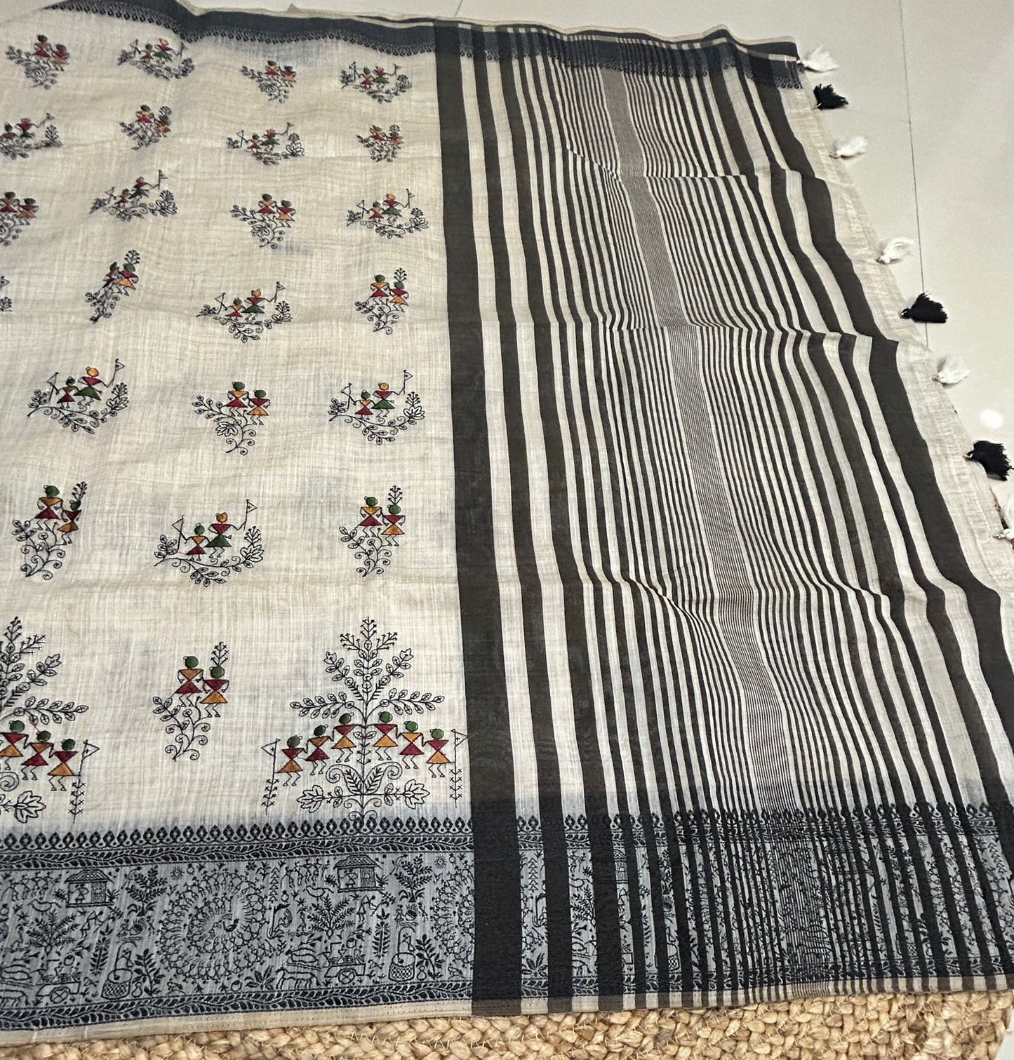 Warli Embroidery Mul Cotton Mix Saree - Pattern 4