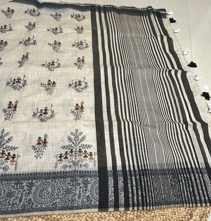 Warli Embroidery Mul Cotton Mix Saree - Pattern 4