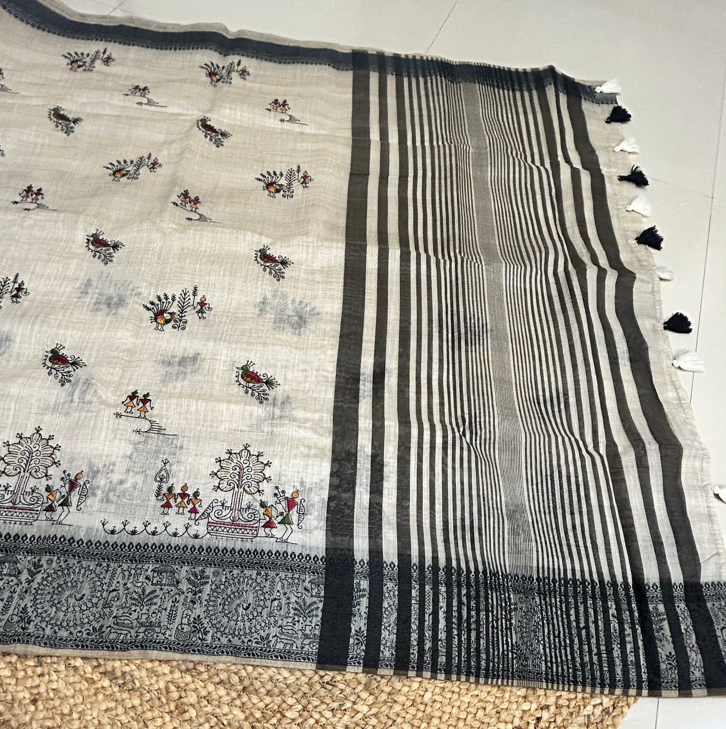 Warli Embroidery Mul Cotton Mix Saree - Pattern 2