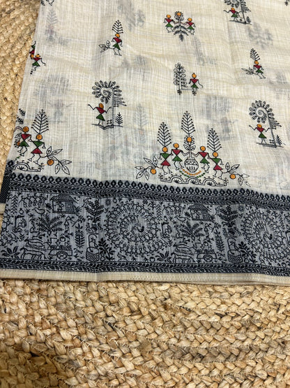 Warli Embroidery Mul Cotton Mix Saree - Pattern 6
