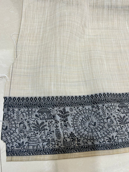 Warli Embroidery Mul Cotton Mix Saree - Pattern 4