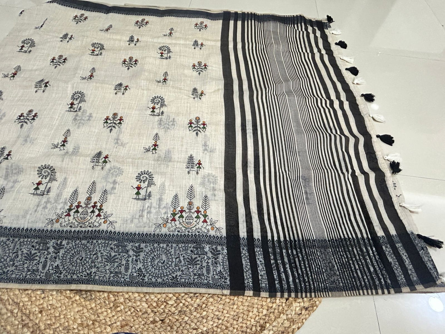 Warli Embroidery Mul Cotton Mix Saree - Pattern 6
