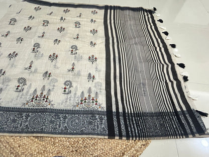 Warli Embroidery Mul Cotton Mix Saree - Pattern 6