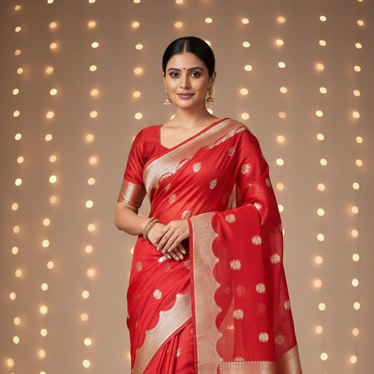Katan Silk Tissue With Zari Motifs Red Saree
