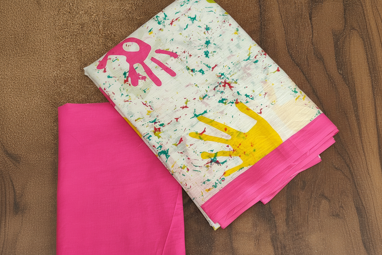 Mul Cotton Holi Print Pink Saree