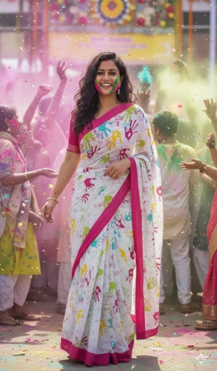 Mul Cotton Holi Print Pink Saree