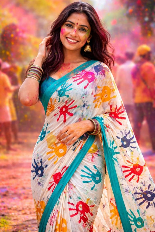 Mul Cotton Holi Print Blue Saree