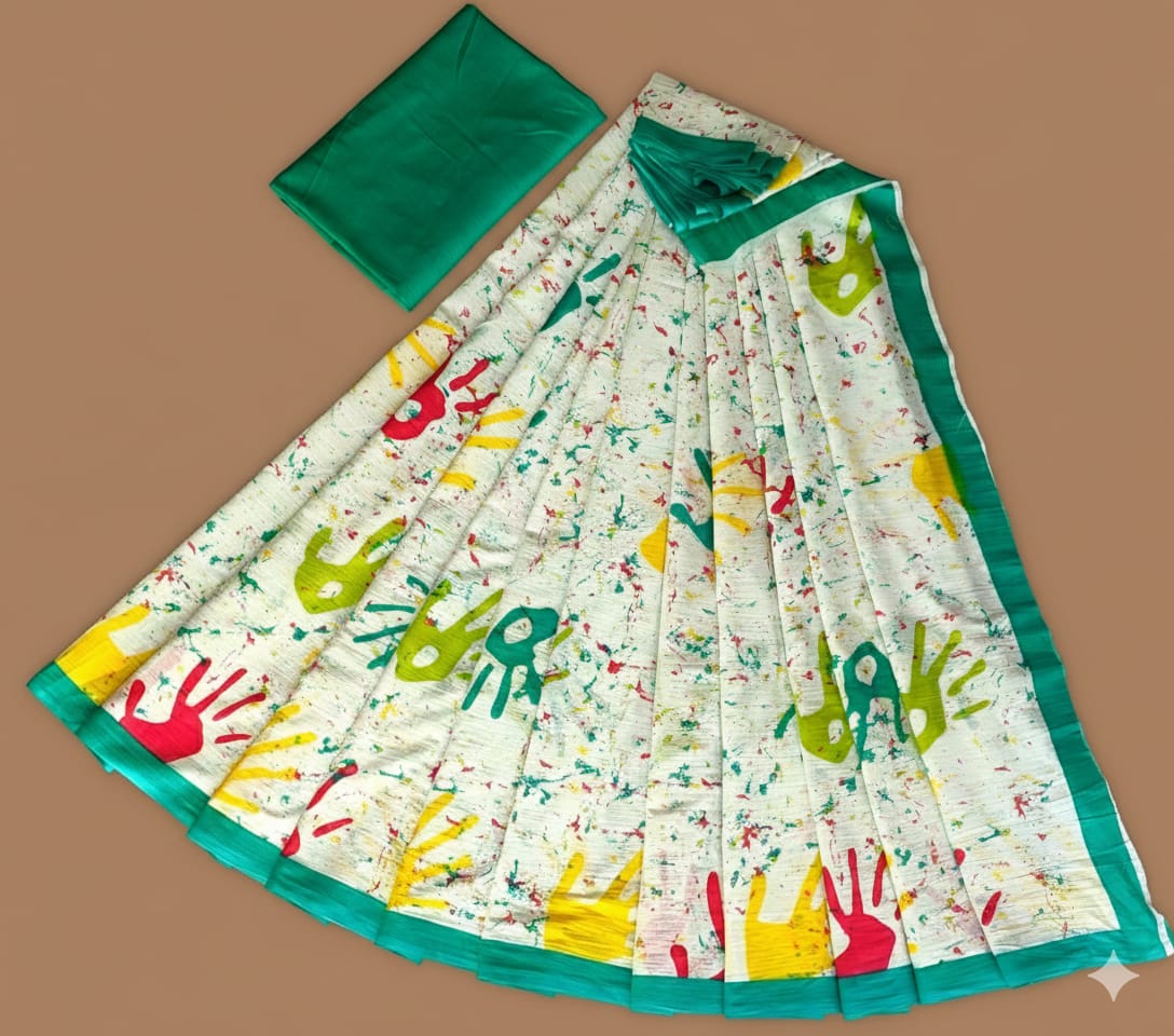 Mul Cotton Holi Print Green Saree