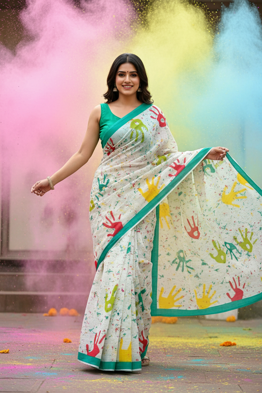 Mul Cotton Holi Print Green Saree