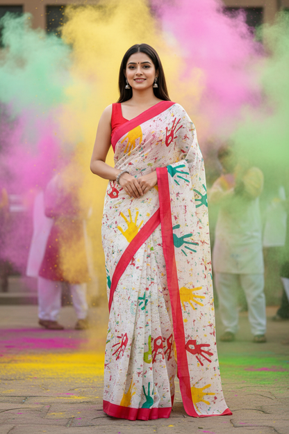 Mul Cotton Holi Print Red Saree