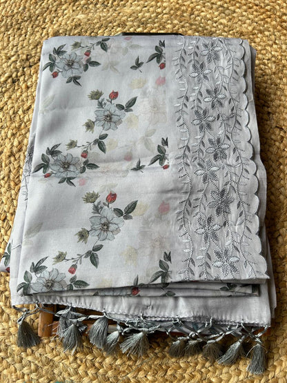 Soft Silk Floral Grey Saree with Embroidery