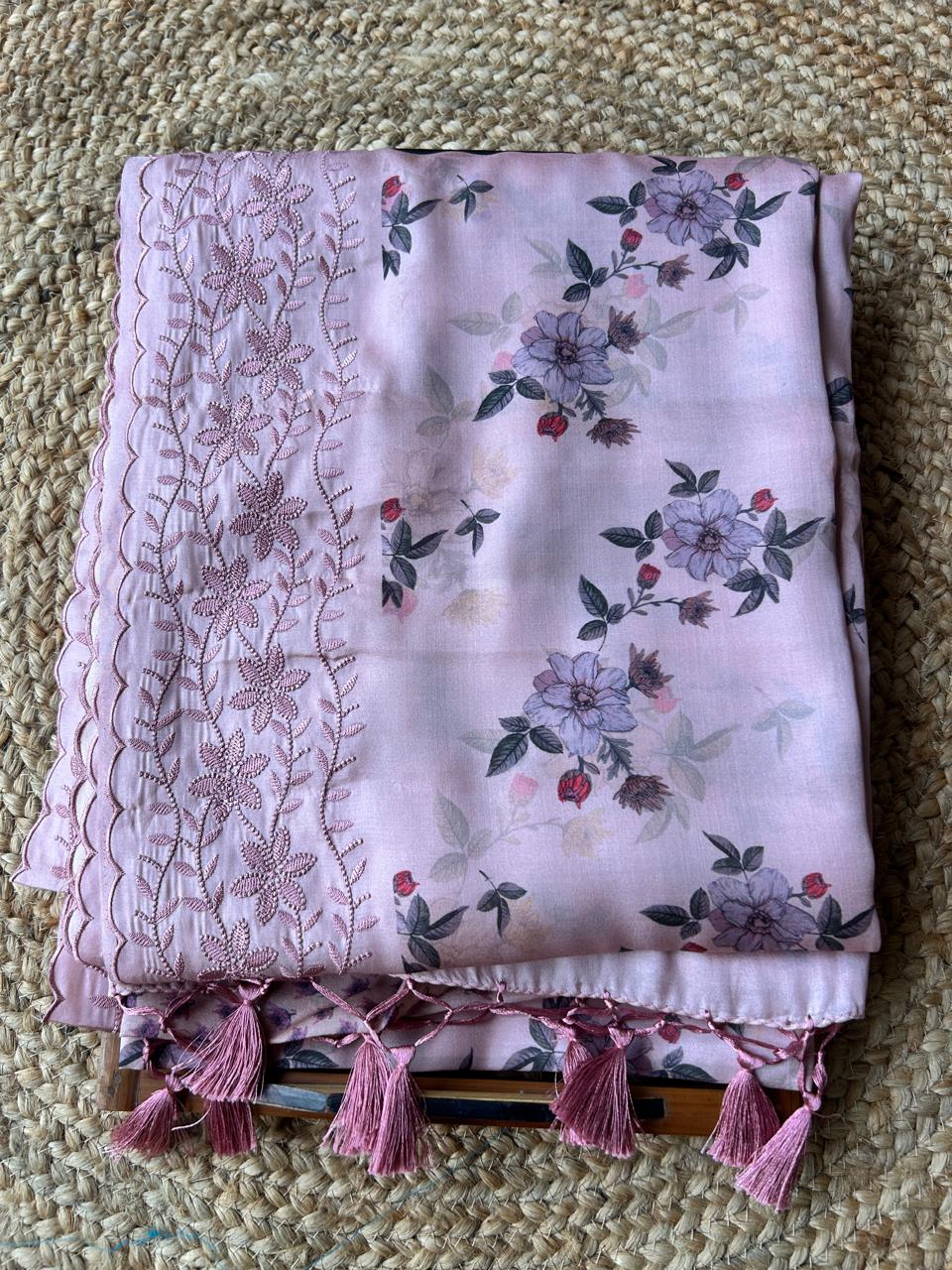 Soft Silk Floral Peach Saree with Embroidery