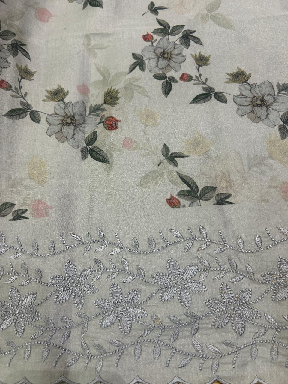 Soft Silk Floral Grey Saree with Embroidery