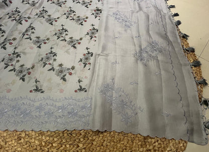 Soft Silk Floral Grey Saree with Embroidery
