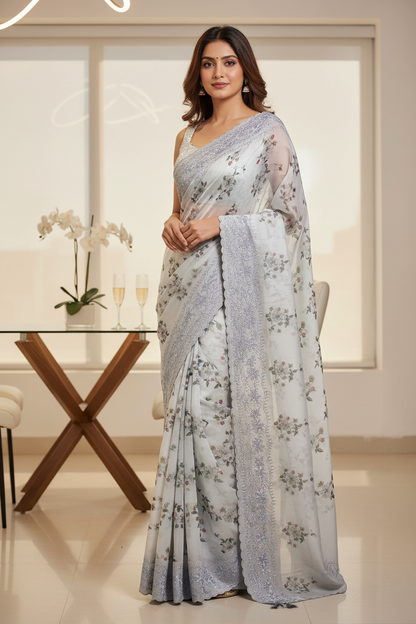 Soft Silk Floral Grey Saree with Embroidery