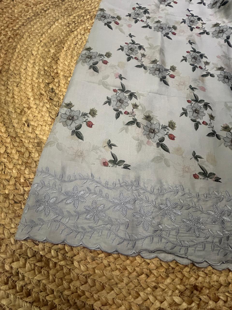 Soft Silk Floral Grey Saree with Embroidery