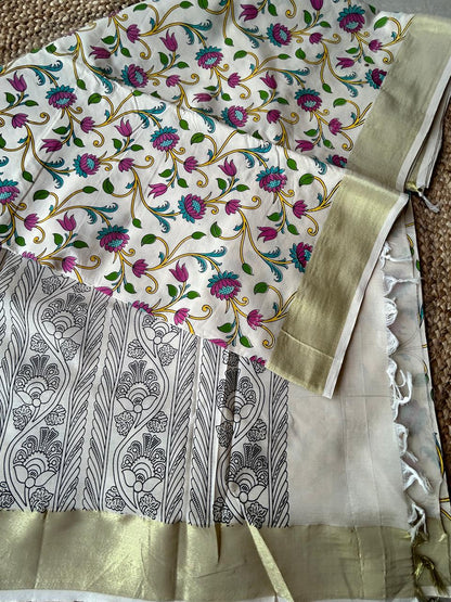 Cotton kalamkari zaal print offwhite saree