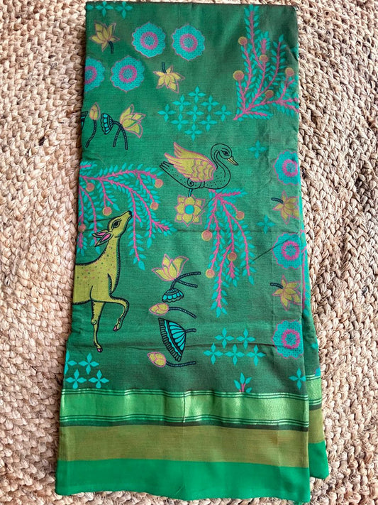 Cotton kalamkari print mehendi green saree