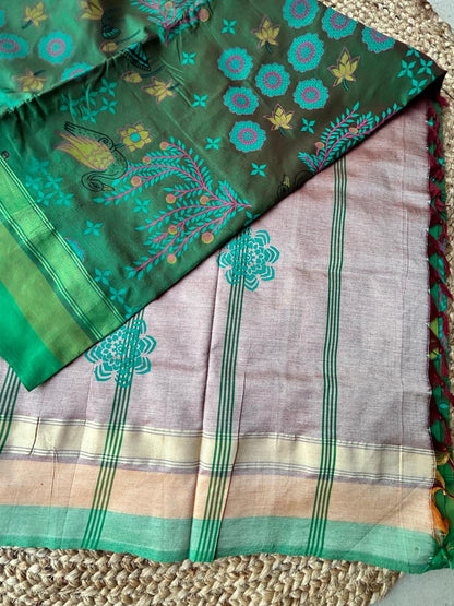 Cotton kalamkari print mehendi green saree