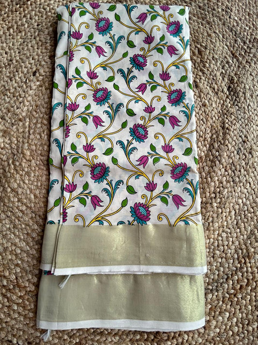 Cotton kalamkari zaal print offwhite saree