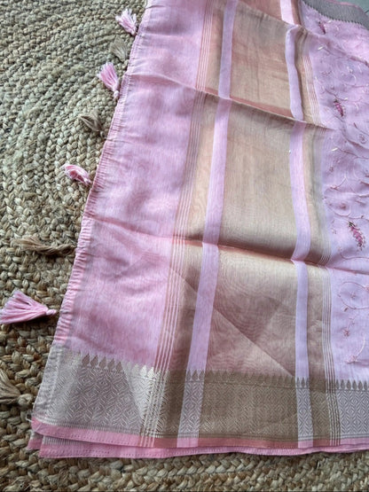 Cotton mix thread embroidered peach saree