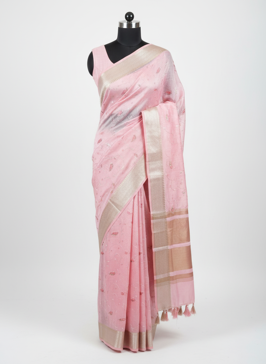 Cotton Mix Thread Embroidery Pink Saree