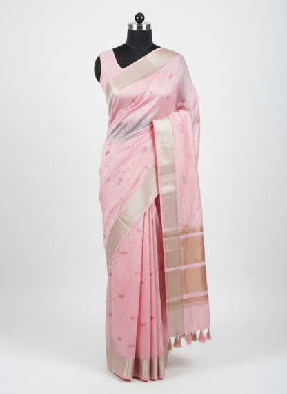 Cotton Mix Thread Embroidery Pink Saree
