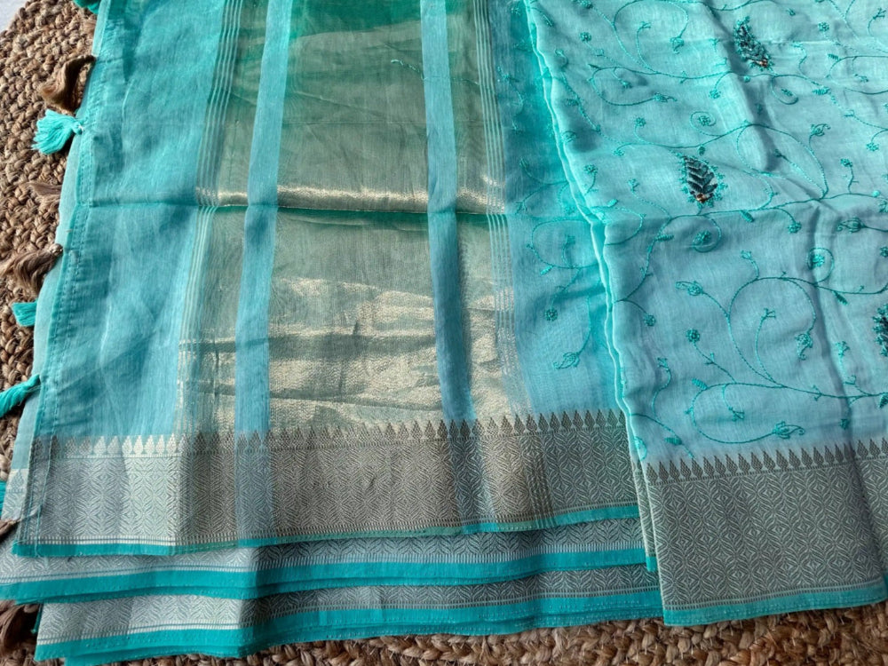 Cotton mix thread embroidered green saree