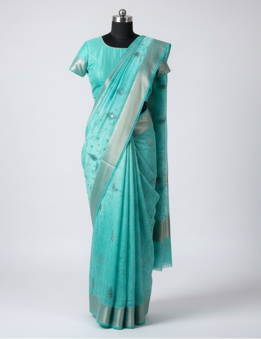 Cotton mix thread embroidered green saree