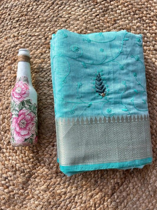 Cotton mix thread embroidered green saree