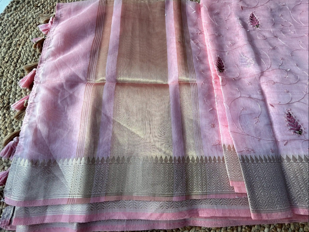 Cotton mix thread embroidered peach saree